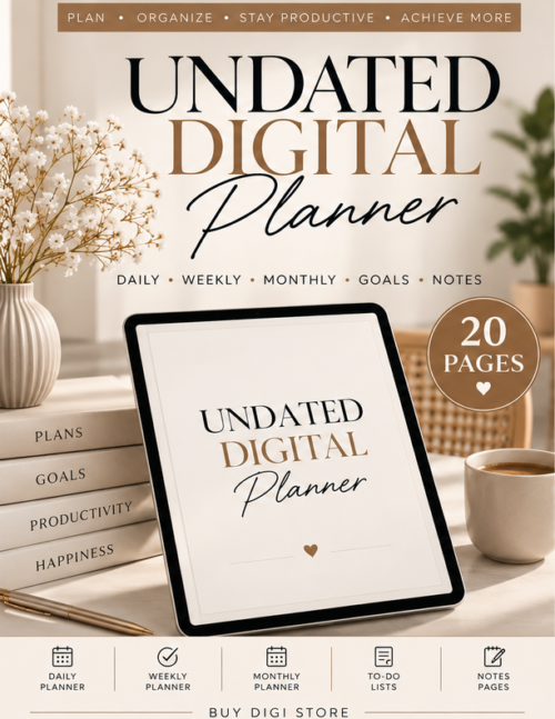 Undated Digital Planner – 20-Page Daily, Weekly & Monthly Productivity Planner